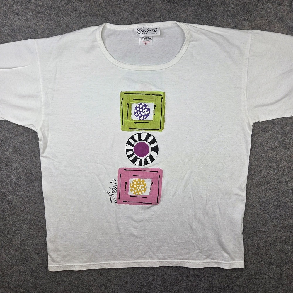Vintage Victoria Shirt Womens Large White‎ Abstract Geometric Graphic Art Tee